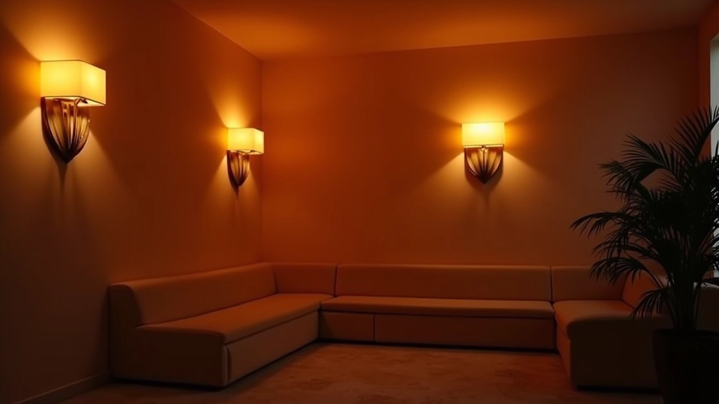 Relaxační zóna s vrstvovaným osvětlením - teplé nástěnné lampy a stmívané stropní světlo, večerní atmosféra